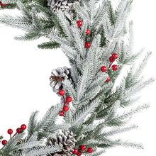 Load image into Gallery viewer, 28in Artificial Christmas Wreath, Frosty Christmas wreath with Crestwood Spruce, Decorated with Pine Cones, Berry Clusters, Frosted Branches, Christmas Collection Green