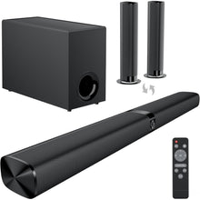 Load image into Gallery viewer, Sound Bar for Smart TV, 120W Sound Bar with Subwoofer, 5.0 Bluetooth Soundbar for TV with Deep Bass & Volume Boost & 3 Equalizer Modes, ARC/Opt/AUX, 2 in 1 Detachable TV Sound Bar, Black
