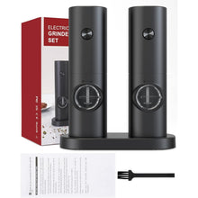 Load image into Gallery viewer, 2 Pack Electric Salt and Pepper Grinder Set, Battery powered - Automatic Salt Pepper Mill Grinder, Adjustable Coarseness, with LED Light, One-Hand Operation for Kitchen BBQ, Black