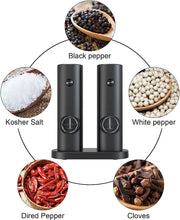 Load image into Gallery viewer, 2 Pack Electric Salt and Pepper Grinder Set, Battery powered - Automatic Salt Pepper Mill Grinder, Adjustable Coarseness, with LED Light, One-Hand Operation for Kitchen BBQ, Black