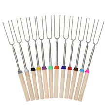 Load image into Gallery viewer, 12 Pcs Roasting Sticks Wooden Handle, Extendable Stainless Steel Marshmallow Roasting Sticks Telescoping Forks, Campfire Sticks, 32in Smores Sticks, Telescoping Skewers for Campfire, BBQ