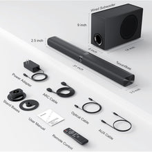 Load image into Gallery viewer, Sound Bar for Smart TV, 120W Sound Bar with Subwoofer, 5.0 Bluetooth Soundbar for TV with Deep Bass & Volume Boost & 3 Equalizer Modes, ARC/Opt/AUX, 2 in 1 Detachable TV Sound Bar, Black