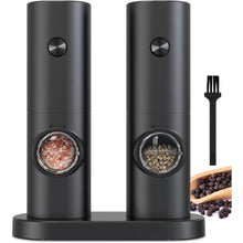 Load image into Gallery viewer, 2 Pack Electric Salt and Pepper Grinder Set, Battery powered - Automatic Salt Pepper Mill Grinder, Adjustable Coarseness, with LED Light, One-Hand Operation for Kitchen BBQ, Black