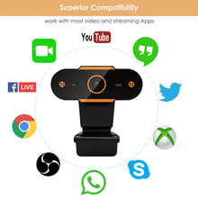 Load image into Gallery viewer, Webcam with Microphone, 1080P HD USB Webcam for Computer Laptop with 110° Wide Angle, Noise Reduction Portable Live Streaming Camera, Plug and Play, Black
