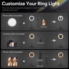 Load image into Gallery viewer, 12" Selfie Ring Light with Tripod Stand - Dimmable Desktop Ringlight with DIY Ports, Circle Light LED Camera Lighting for Live Stream/Makeup/YouTube/TikTok, Compatible with iPhone Android