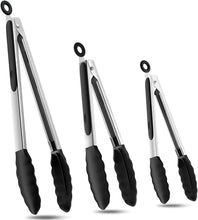 Load image into Gallery viewer, Kitchen Tongs Stainless Steel Cooking Tongs with Silicone Tips Heat Resistant Food Tongs for Cooking Grilling Turning set of 7" 9" and 12" Black