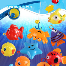 Load image into Gallery viewer, 15 Packs Bath Toy Fishing Floating Squirts Toy and Water Scoop with Organizer Bag, BPA Free Fish Net Game in Bathtub Time for Kids, Bathroom Fish Set
