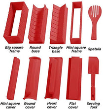 Load image into Gallery viewer, Sushi Making Kit Deluxe Edition with Complete Sushi Set 10 Pieces Plastic Sushi Maker Tool Complete with 8 Sushi Rice Roll Mold Shapes Fork Spatula DIY Home Sushi Tool (Red)