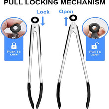 Load image into Gallery viewer, Kitchen Tongs Stainless Steel Cooking Tongs with Silicone Tips Heat Resistant Food Tongs for Cooking Grilling Turning set of 7" 9" and 12" Black