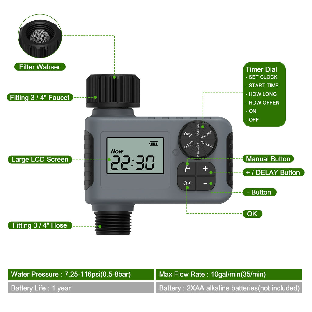 Cowin Sprinkler Timer, Outdoor Garden Hose Faucet Timers with Rain Delay/Manual/Automatic Watering System, Digital Irrigation Timer for Yard, 1 Outlet, Gray