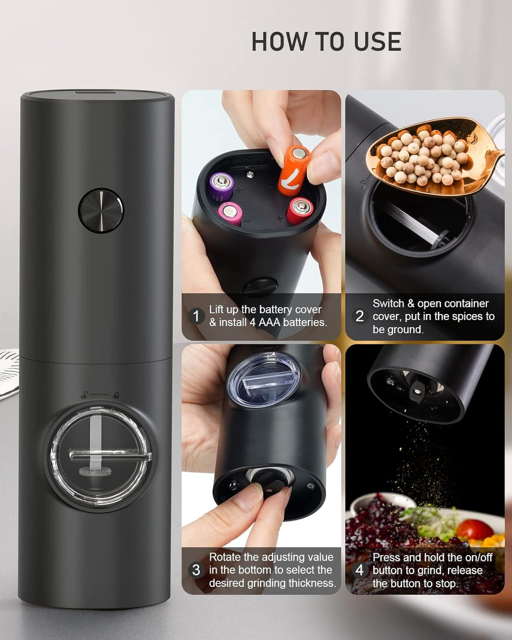 2 Pack Electric Salt and Pepper Grinder Set, Battery powered - Automatic Salt Pepper Mill Grinder, Adjustable Coarseness, with LED Light, One-Hand Operation for Kitchen BBQ, Black