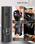 2 Pack Electric Salt and Pepper Grinder Set, Battery powered - Automatic Salt Pepper Mill Grinder, Adjustable Coarseness, with LED Light, One-Hand Operation for Kitchen BBQ, Black
