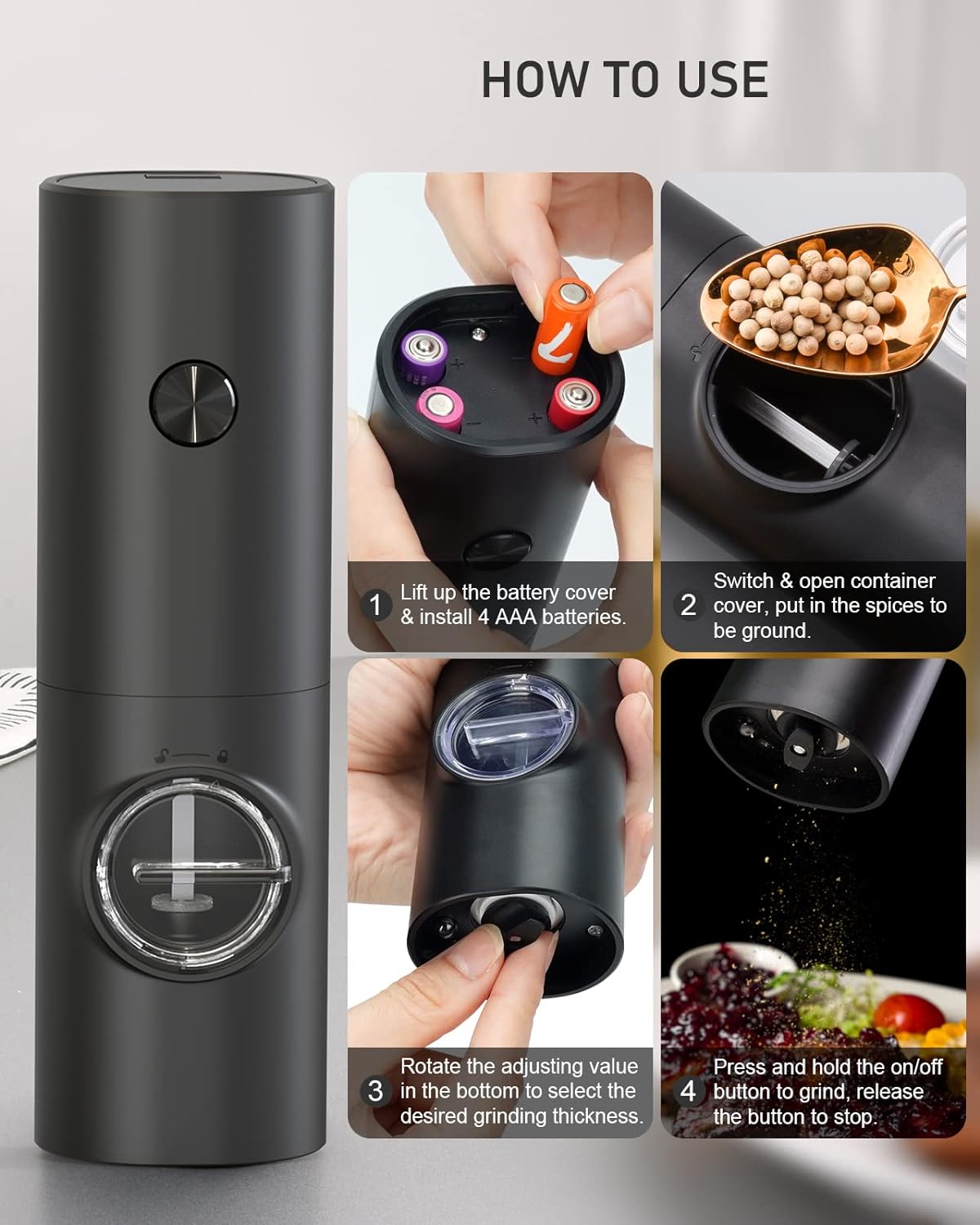 2 Pack Electric Salt and Pepper Grinder Set, Battery powered - Automatic Salt Pepper Mill Grinder, Adjustable Coarseness, with LED Light, One-Hand Operation for Kitchen BBQ, Black