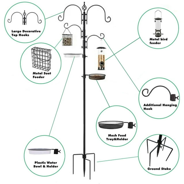 Aedavey 4-Hook Bird Feeding Station Bird Feeding Station Kit 92 Inches Steel Tall Bird Feeder Poles with Bird Bath, Mesh Tray Suet Feeder