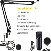 Load image into Gallery viewer, Condenser Microphone Computer Mic Kit Professional Studio Recording Bundle for Streaming Gaming Broadcasting Singing Videos with Arm Stand Shock Mount Pop Filter and Sound Adapter
