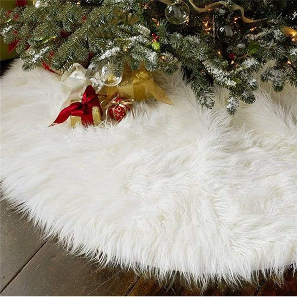 48inch Christmas Tree Skirt Fur Xmas Tree Skirt Christmas Decorations Holiday Tree Ornaments Tree Mat Base Cover for Christmas Home Party Decorations, White