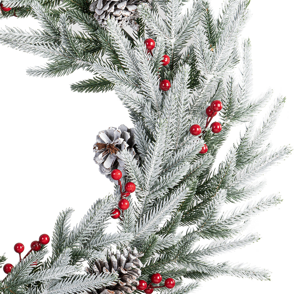 28in Artificial Christmas Wreath, Frosty Christmas wreath with Crestwood Spruce, Decorated with Pine Cones, Berry Clusters, Frosted Branches, Christmas Collection Green