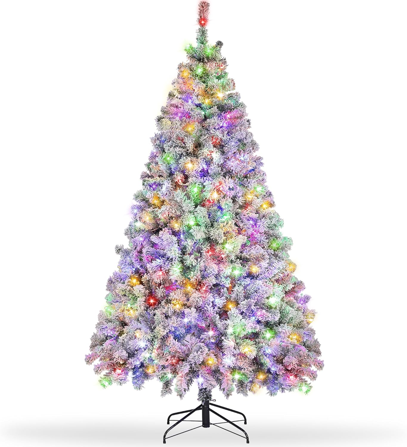 7.5ft Pre-Lit Christmas Tree, Artificial Snow Flocked Pine Tree with 400 Warm-White & Multicolored Lights, 9 Light Sequences, Metal Base & Hinges for Home, Office, Party Decoration