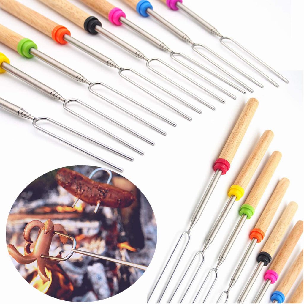 12 Pcs Roasting Sticks Wooden Handle, Extendable Stainless Steel Marshmallow Roasting Sticks Telescoping Forks, Campfire Sticks, 32in Smores Sticks, Telescoping Skewers for Campfire, BBQ