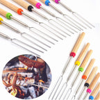 12 Pcs Roasting Sticks Wooden Handle, Extendable Stainless Steel Marshmallow Roasting Sticks Telescoping Forks, Campfire Sticks, 32in Smores Sticks, Telescoping Skewers for Campfire, BBQ