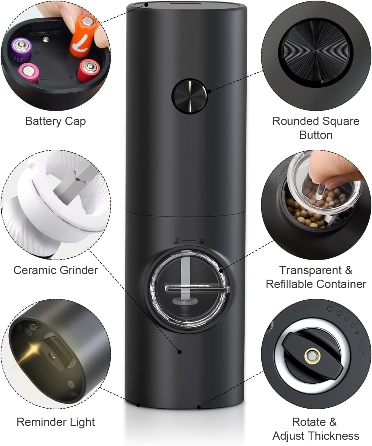 2 Pack Electric Salt and Pepper Grinder Set, Battery powered - Automatic Salt Pepper Mill Grinder, Adjustable Coarseness, with LED Light, One-Hand Operation for Kitchen BBQ, Black