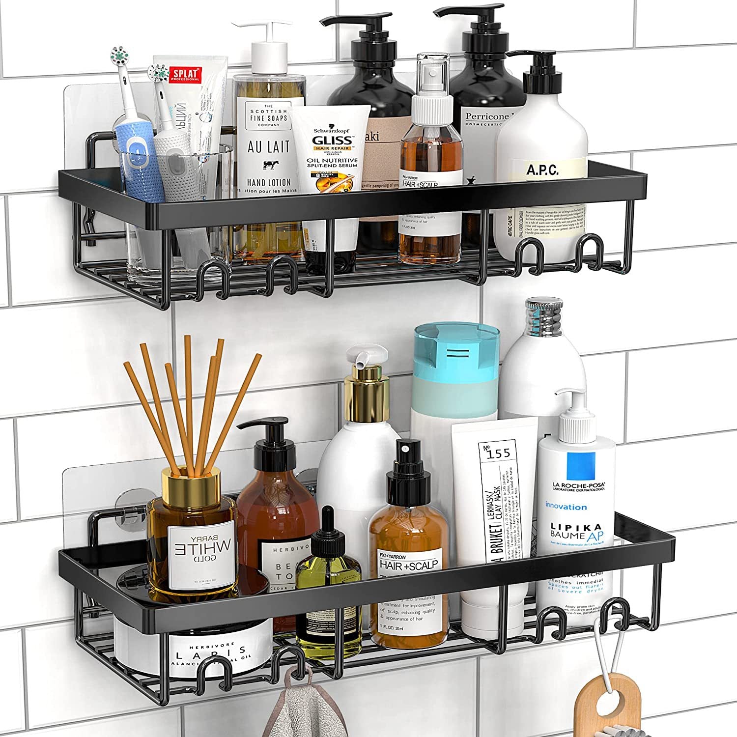 2-Pack Shower Caddy Shelf Organizer Rack, No Drilling Traceless Adhesive Shower Wall Shelves, Rustproof Bathroom Shower Storage Organizer, Black