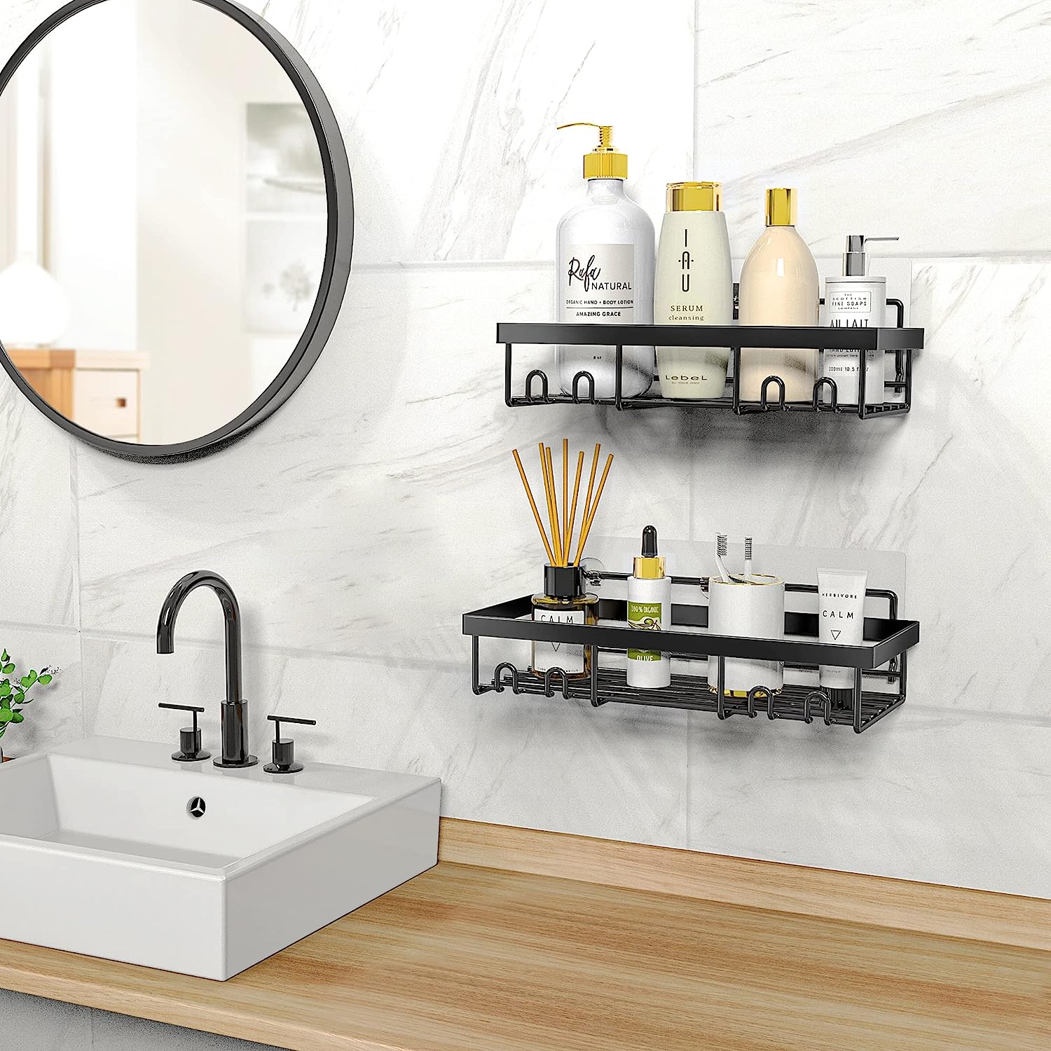 2-Pack Shower Caddy Shelf Organizer Rack, No Drilling Traceless Adhesive Shower Wall Shelves, Rustproof Bathroom Shower Storage Organizer, Black