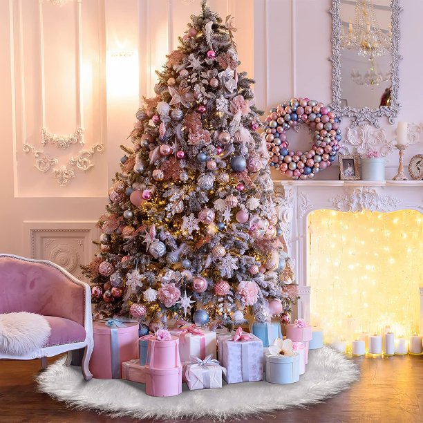 48inch Christmas Tree Skirt Fur Xmas Tree Skirt Christmas Decorations Holiday Tree Ornaments Tree Mat Base Cover for Christmas Home Party Decorations, White
