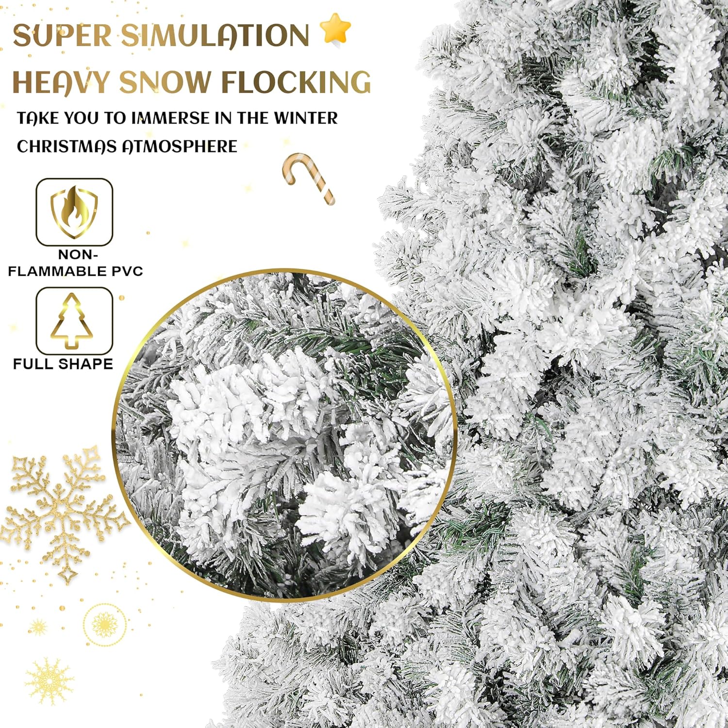 7.5ft Pre-Lit Christmas Tree, Artificial Snow Flocked Pine Tree with 400 Warm-White & Multicolored Lights, 9 Light Sequences, Metal Base & Hinges for Home, Office, Party Decoration
