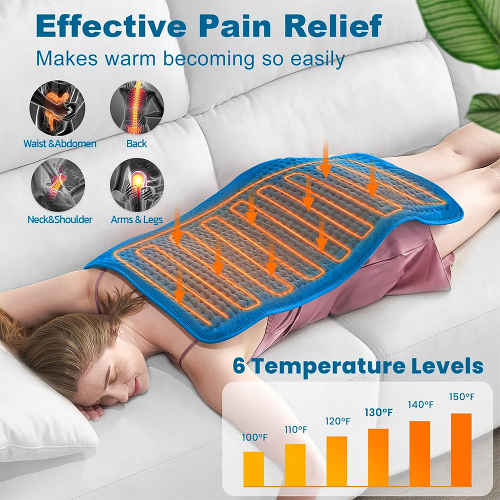33"x17" Heating Pad, Portable Heating Pad for Shoulder, Neck, Cramp, Menstrual Pain, with Upgraded 3 Timer & 6 Temperature Controller, Blue