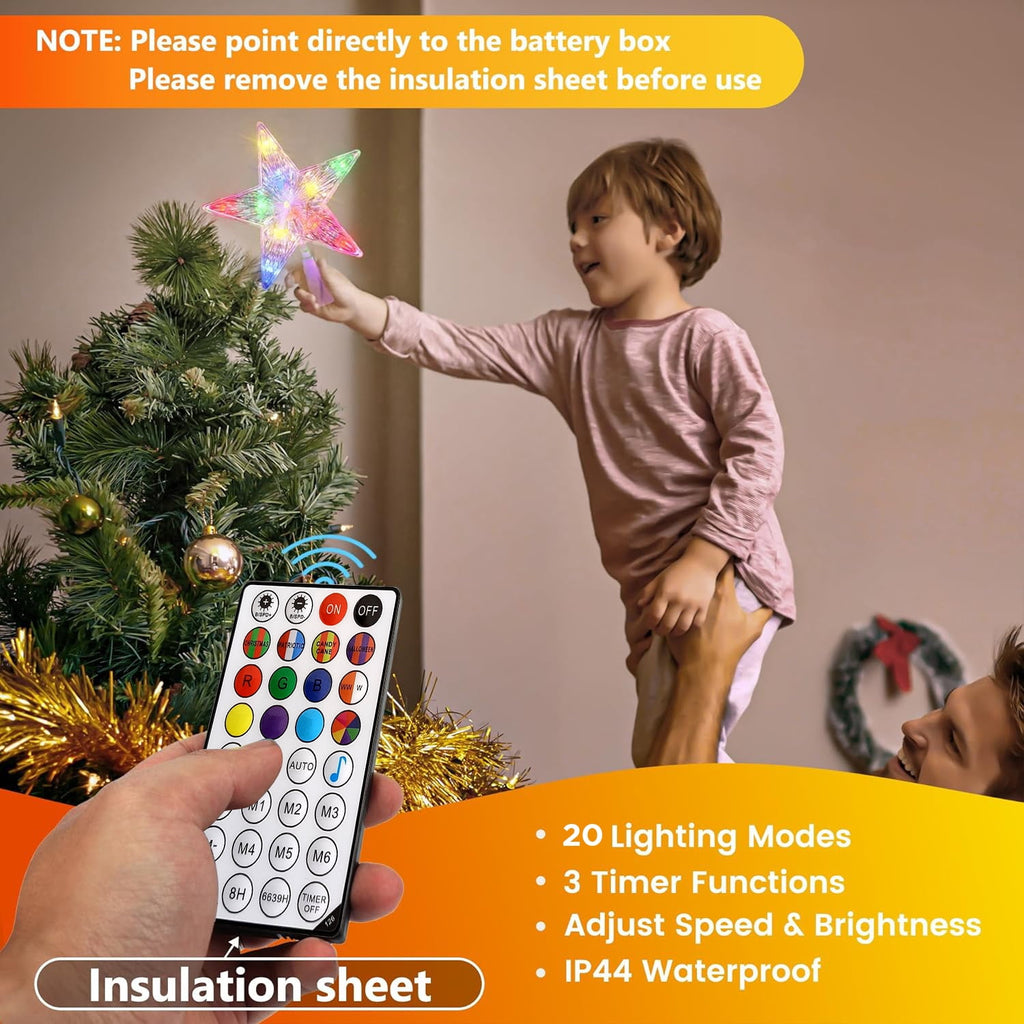 Christmas Tree Topper Lights,7.6"Star Tree Topper with 20 modes,Color Changing Treetop,Outdoor Indoor Fairy Light With Remote Control,RGB Tree Topper for Holiday or Home Decor