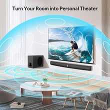 Load image into Gallery viewer, Cowin Sound Bar with Subwoofer, 110W Sound Bar for Smart TV with Adjustable Deep Bass &amp; Volume Boost &amp; 3 EQ Modes, Bluetooth/ARC/Opt/AUX, Detachable Soundbar for TV/PC/Gaming/Projector
