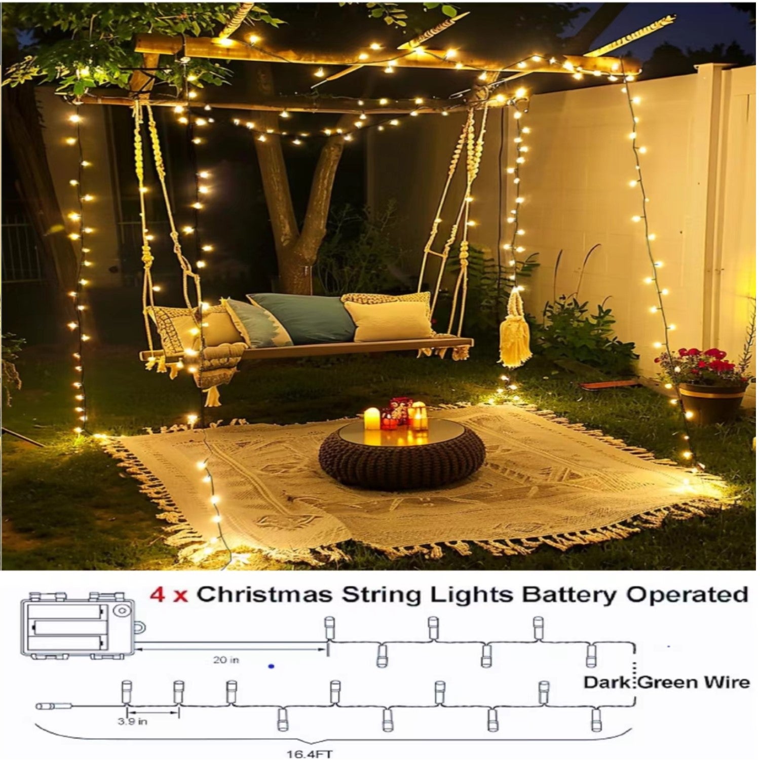 4 Pack Christmas Tree String Lights Christmas Fairy Lights Warm White LED with 8 Modes Battery Operated Indoor Outdoor Waterproof Lights
