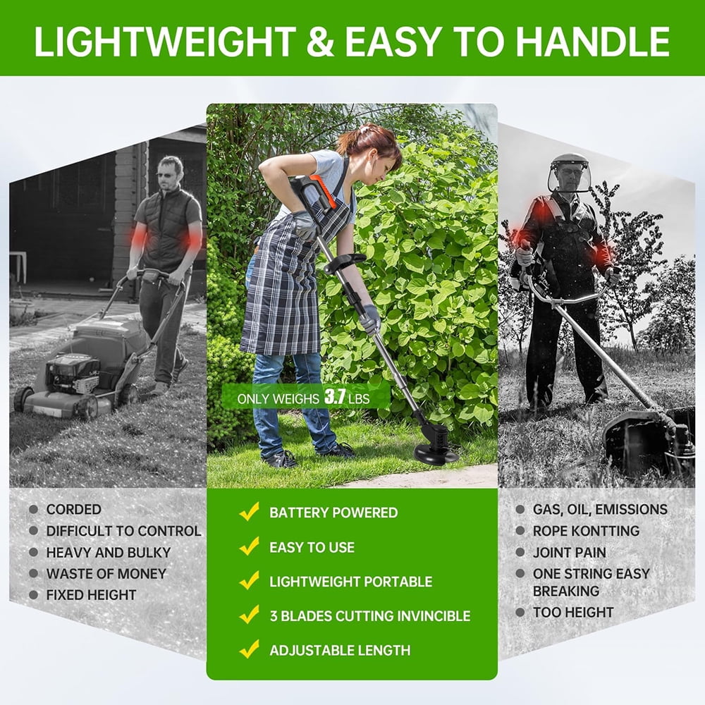 Cordless Electric Lawn Trimmer Weed Wacker - 21V Grass Trimmer Lawn Edger with 2.0Ah Li-Ion Battery Powered and 3 Types Cutting Blade, Tool for Lawn Care and Garden Yard Work