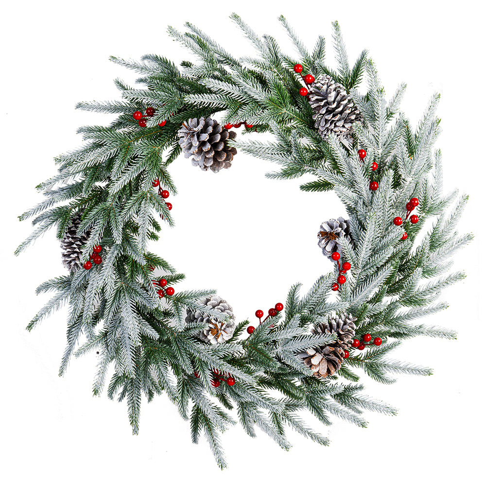 28in Artificial Christmas Wreath, Frosty Christmas wreath with Crestwood Spruce, Decorated with Pine Cones, Berry Clusters, Frosted Branches, Christmas Collection Green