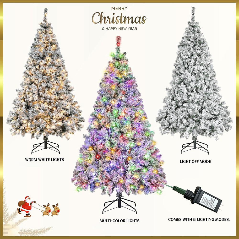 7.5ft Pre-Lit Christmas Tree, Artificial Snow Flocked Pine Tree with 400 Warm-White & Multicolored Lights, 9 Light Sequences, Metal Base & Hinges for Home, Office, Party Decoration