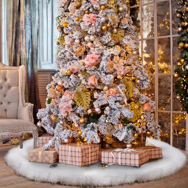 48inch Christmas Tree Skirt Fur Xmas Tree Skirt Christmas Decorations Holiday Tree Ornaments Tree Mat Base Cover for Christmas Home Party Decorations, White