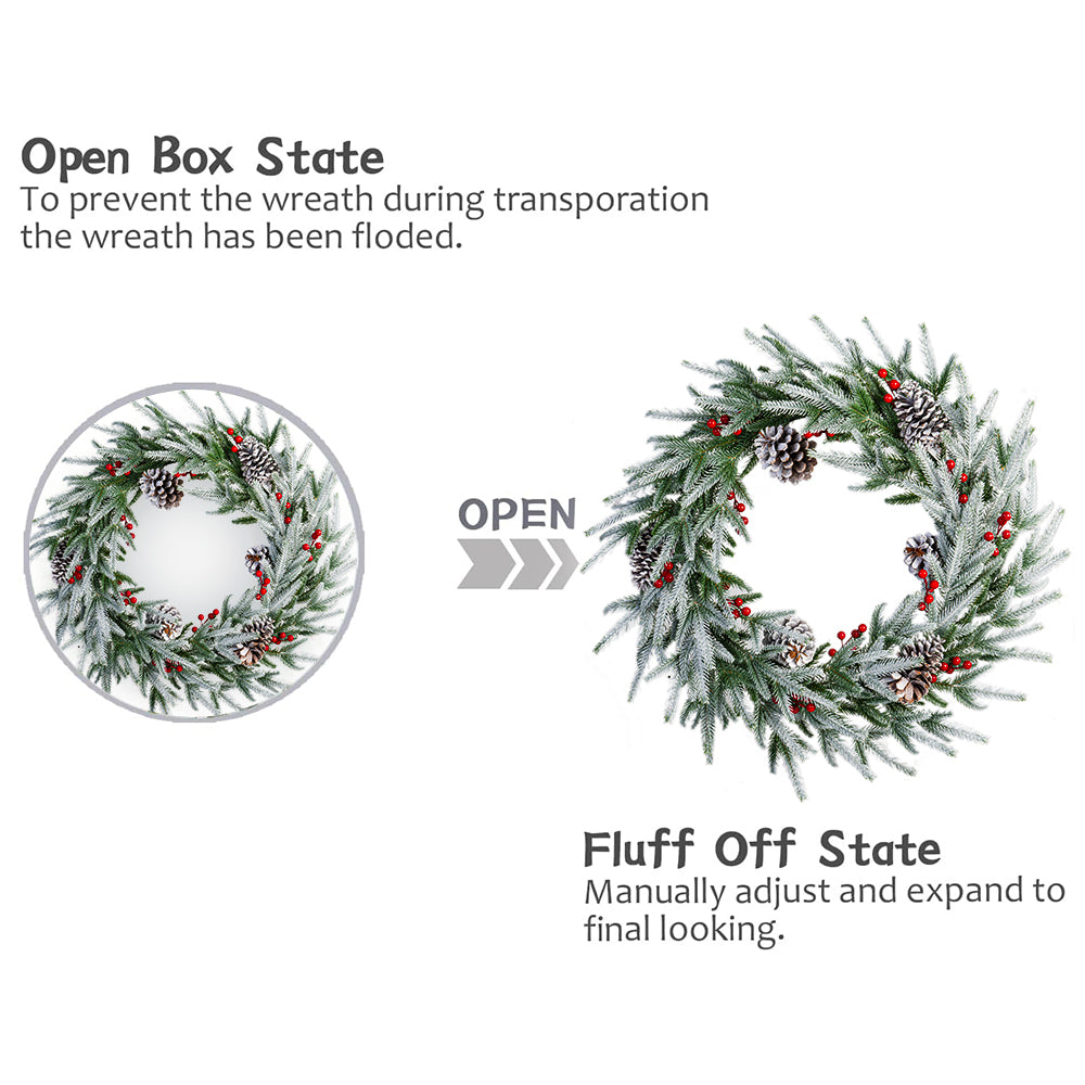 28in Artificial Christmas Wreath, Frosty Christmas wreath with Crestwood Spruce, Decorated with Pine Cones, Berry Clusters, Frosted Branches, Christmas Collection Green