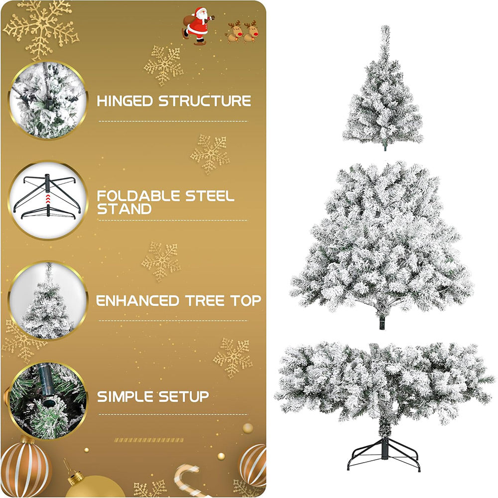 7.5ft Pre-Lit Christmas Tree, Artificial Snow Flocked Pine Tree with 400 Warm-White & Multicolored Lights, 9 Light Sequences, Metal Base & Hinges for Home, Office, Party Decoration