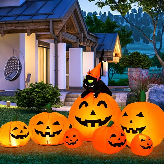 8FT Halloween Inflatable Pumpkin Outdoor Decoration, Lighted Blow Up Yard Decor, 5PCS Pumpkins with Witch’s Black Cat Built-in LED Lights