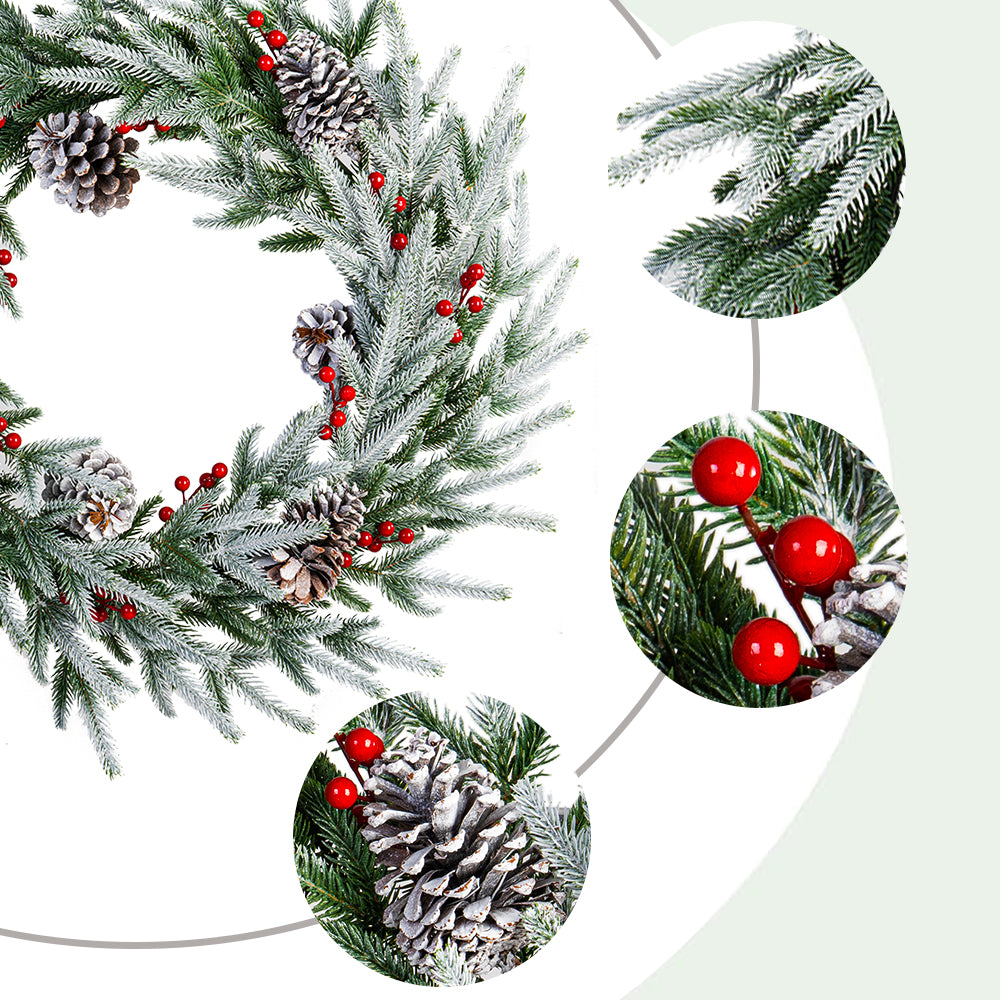 28in Artificial Christmas Wreath, Frosty Christmas wreath with Crestwood Spruce, Decorated with Pine Cones, Berry Clusters, Frosted Branches, Christmas Collection Green