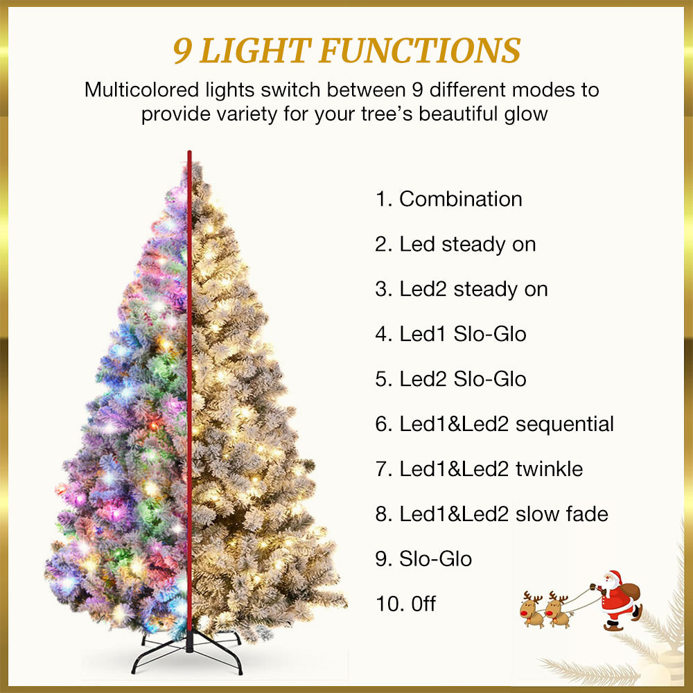 7.5ft Pre-Lit Christmas Tree, Artificial Snow Flocked Pine Tree with 400 Warm-White & Multicolored Lights, 9 Light Sequences, Metal Base & Hinges for Home, Office, Party Decoration