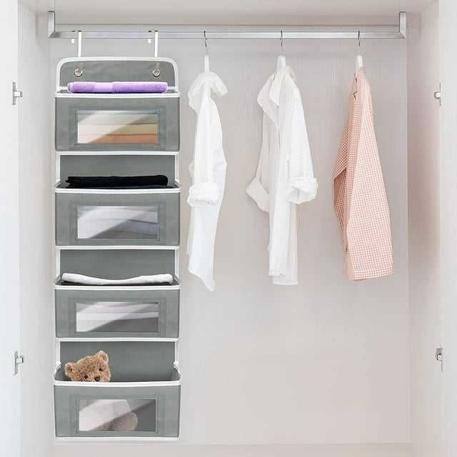 2 Pack 4-Shelf Over Door Hanging Organizer, Wall Mount Storage for Bedroom, Hanging Closet Organizer with Clear Window and Large Capacity PVC Pocket for Home Storage, Grey