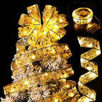 Funsmile 2 Pack Gold Christmas Ribbon Fairy Lights,100 LED 16ft Lights Fairy Strings Lights, Ribbon Bows Lights for Weddings New Year Christmas Tree Decorations
