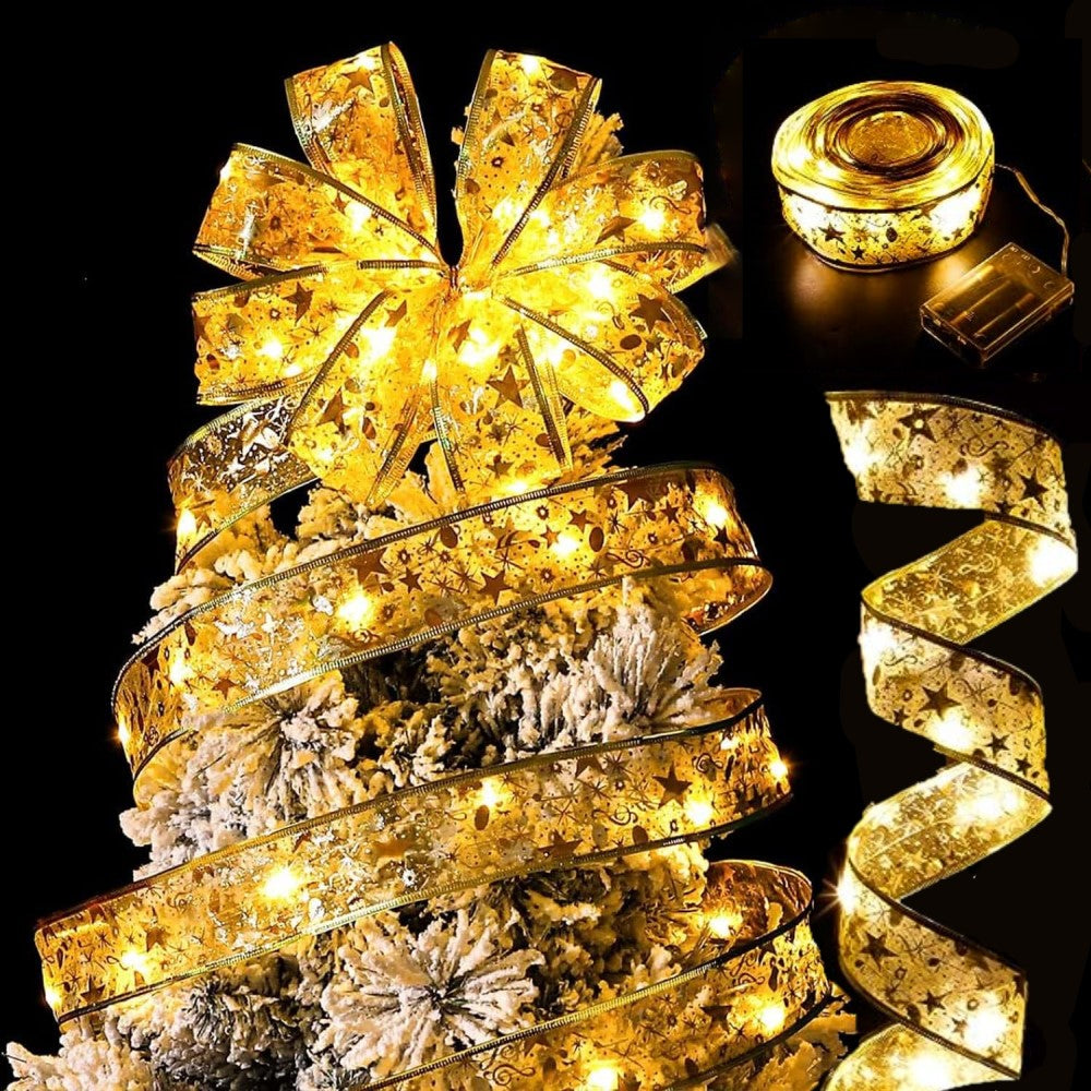 Funsmile 2 Pack Gold Christmas Ribbon Fairy Lights,100 LED 16ft Lights Fairy Strings Lights, Ribbon Bows Lights for Weddings New Year Christmas Tree Decorations