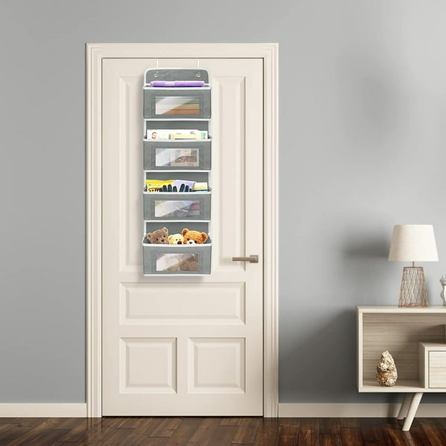 2 Pack 4-Shelf Over Door Hanging Organizer, Wall Mount Storage for Bedroom, Hanging Closet Organizer with Clear Window and Large Capacity PVC Pocket for Home Storage, Grey