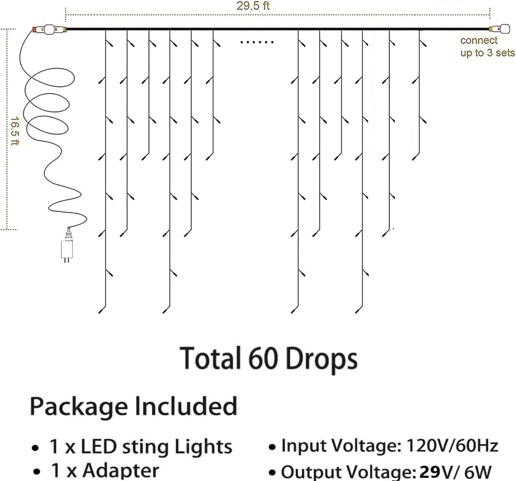 360 LED Christmas Icicle Lights, 29.5 FT 8 Modes Curtain Fairy Icicle String Lights with 60 Drops, Led Christmas Twinkle Lights for Holiday, Party, Wedding, Eaves, Christmas Decorations, White