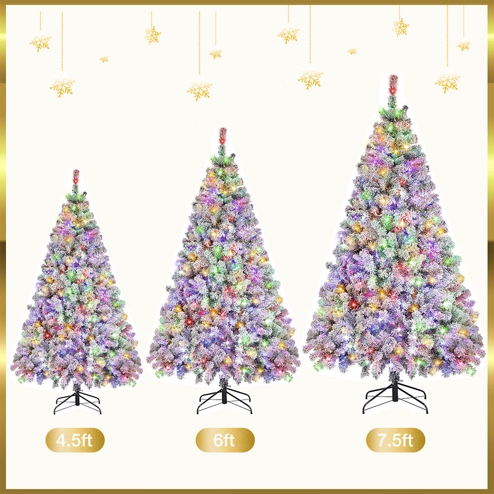 7.5ft Pre-Lit Christmas Tree, Artificial Snow Flocked Pine Tree with 400 Warm-White & Multicolored Lights, 9 Light Sequences, Metal Base & Hinges for Home, Office, Party Decoration