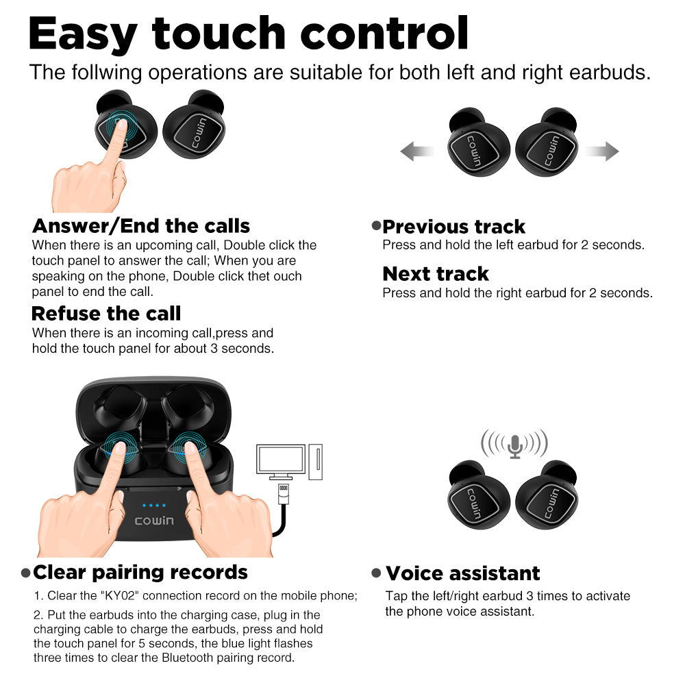 KY02 True Wireless Earbuds Bluetooth Headphones Touch Control IPX5 Waterproof Stereo Extra Bass Earphones Built-in Mic Headset with Charging Case Black