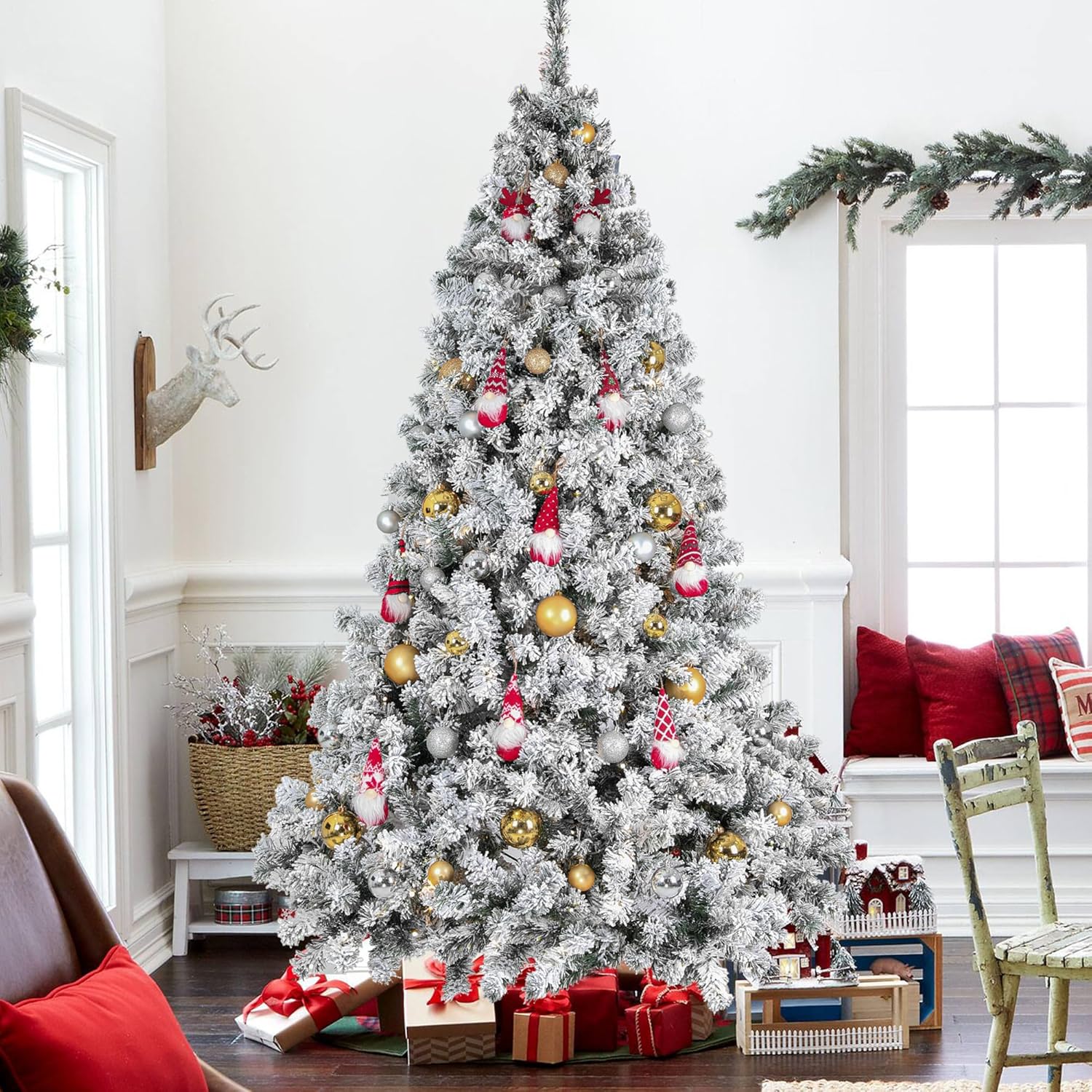 7.5ft Pre-Lit Christmas Tree, Artificial Snow Flocked Pine Tree with 400 Warm-White & Multicolored Lights, 9 Light Sequences, Metal Base & Hinges for Home, Office, Party Decoration